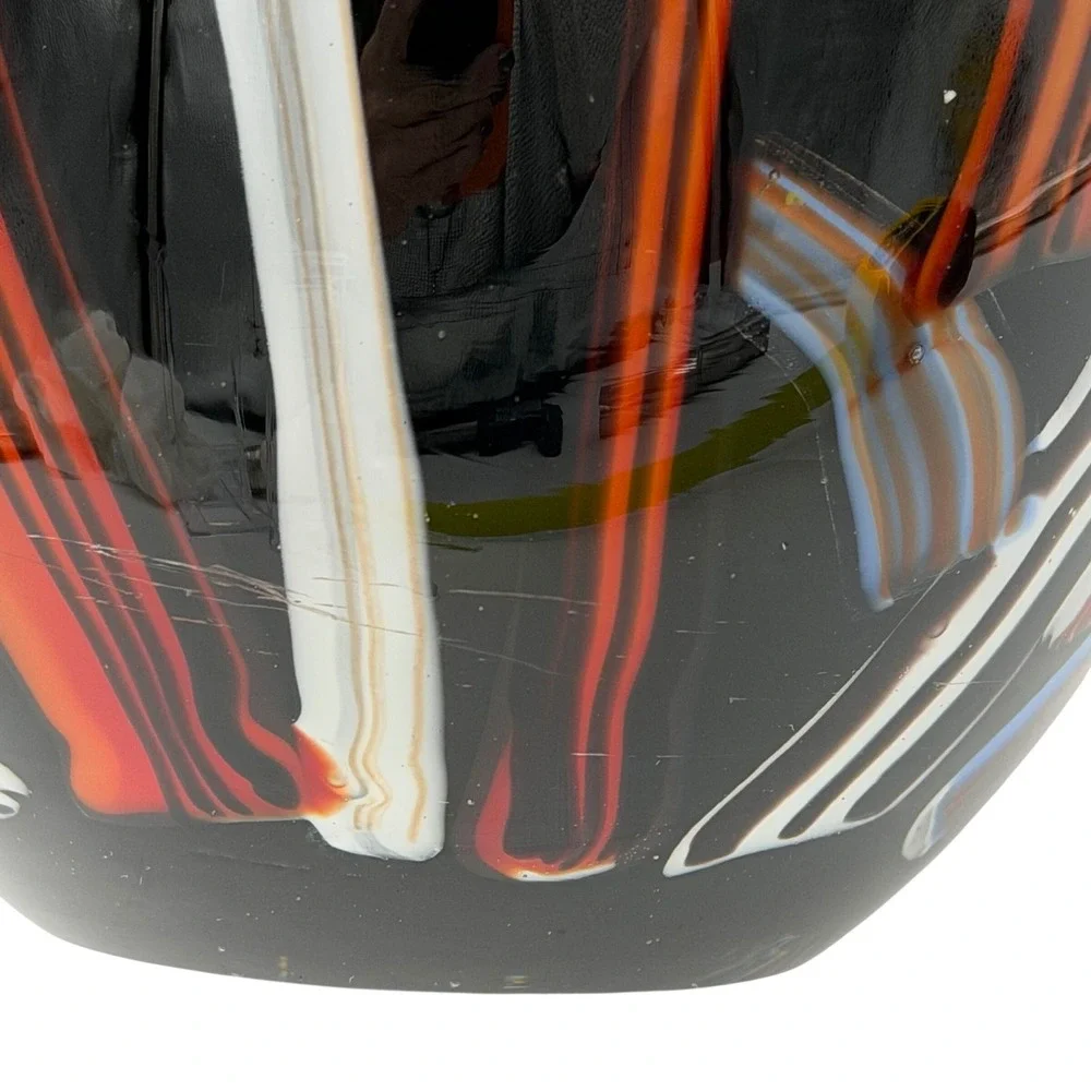 Vtg Art Glass Vase Colorful Black Stripe Abstract Postmodern Heavy LG Y2K 11.5in